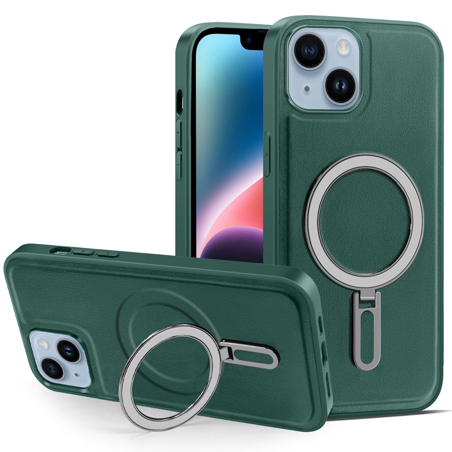 Uniqkart for iPhone 14 Kickstand Anti-Scratch Phone Case Cover PU Leather Coated PC+TPU Magnetic Cover - Green Uniqkart for iPhone 14 Kickstand Anti-Scratch Phone Case Cover PU Leather Coated PC+TPU Magnetic Cover - Green